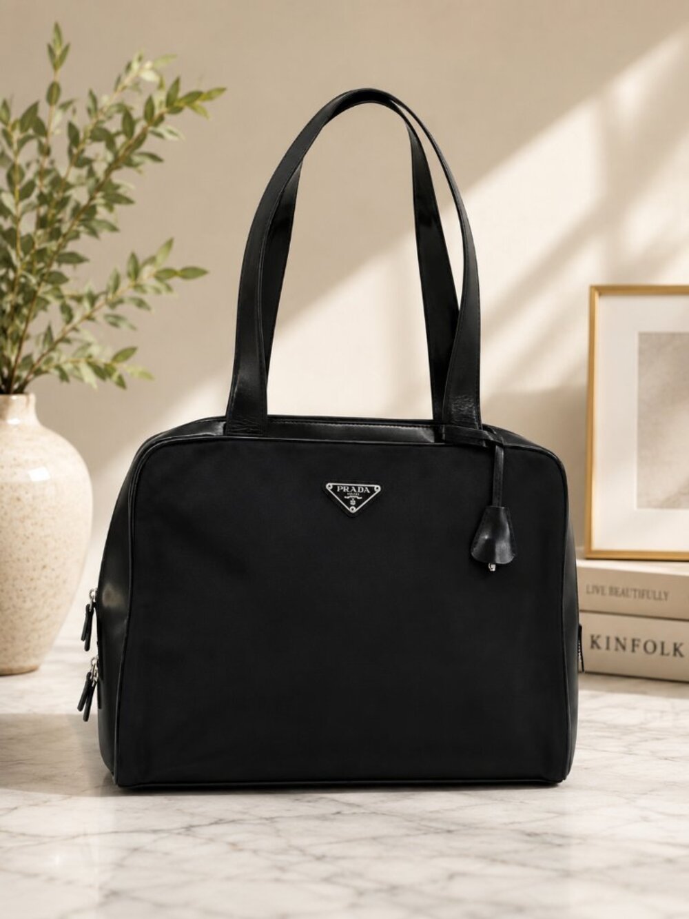 Prada Black Leather and Nylon Shoulder Bag